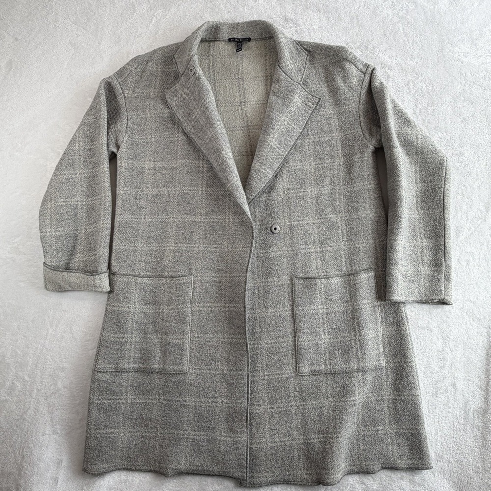 Eileen Fisher‎ Jacket Women's Sz XS Light Gray White Wool Blend Plaid Windowpane